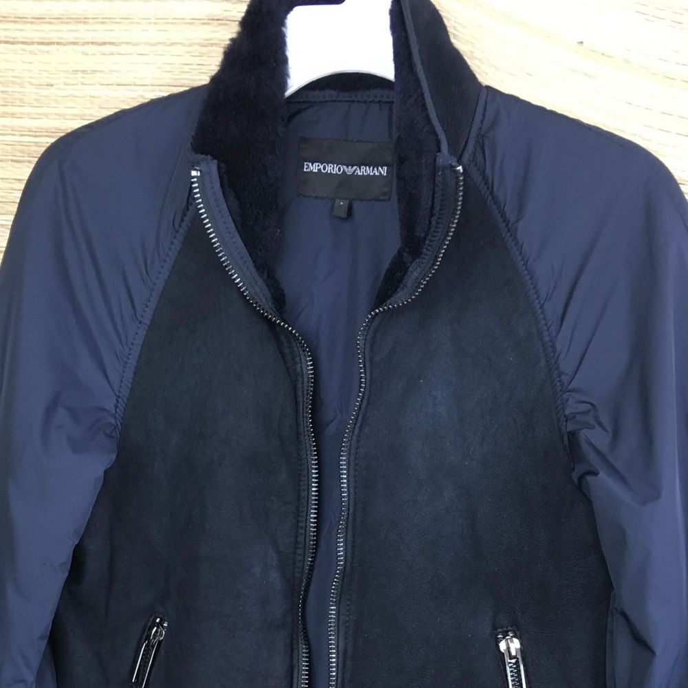 EMPORIO ARMANI Lamb Shearling Front Unisex Lightweight Bomber Jacket Navy Sz S - Picture 5 of 14